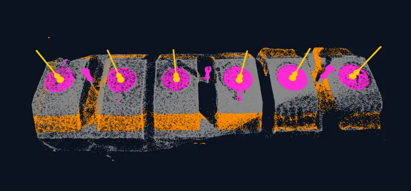 3D point cloud of six freight wagons in the Electron operator UI, with detected loading lids highlighted as magenta clusters and yellow projection rays marking the centerpoints