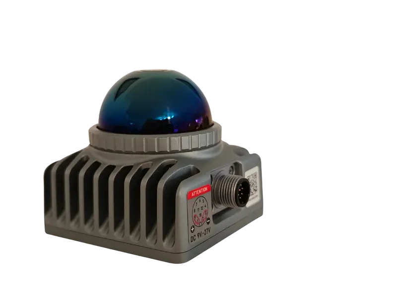 Studio product shot of the OWL EYE® Single MID-360 housing — solid-state Livox 3D-LiDAR with finned aluminum heat sink