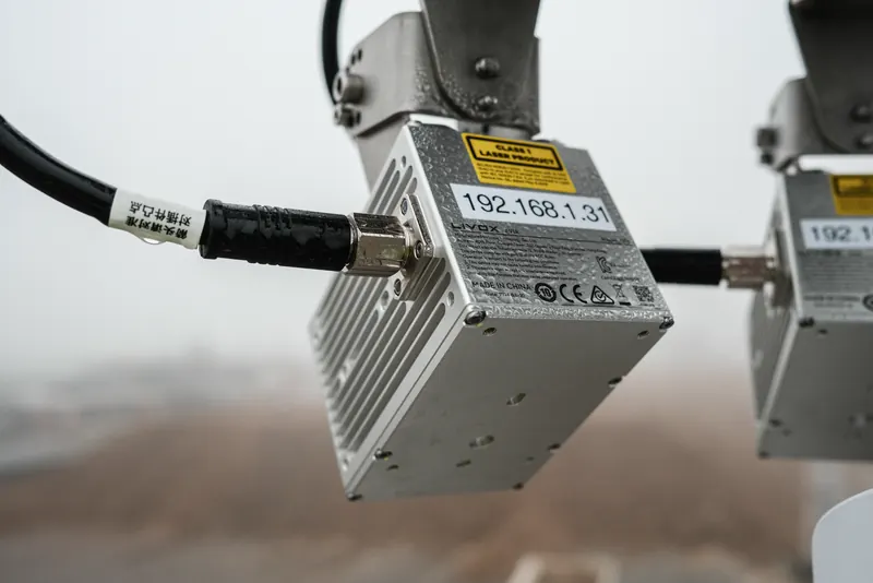 Close-up of two Livox Avia sensors on the OWL EYE® platform monitoring sugar-beet storage pads