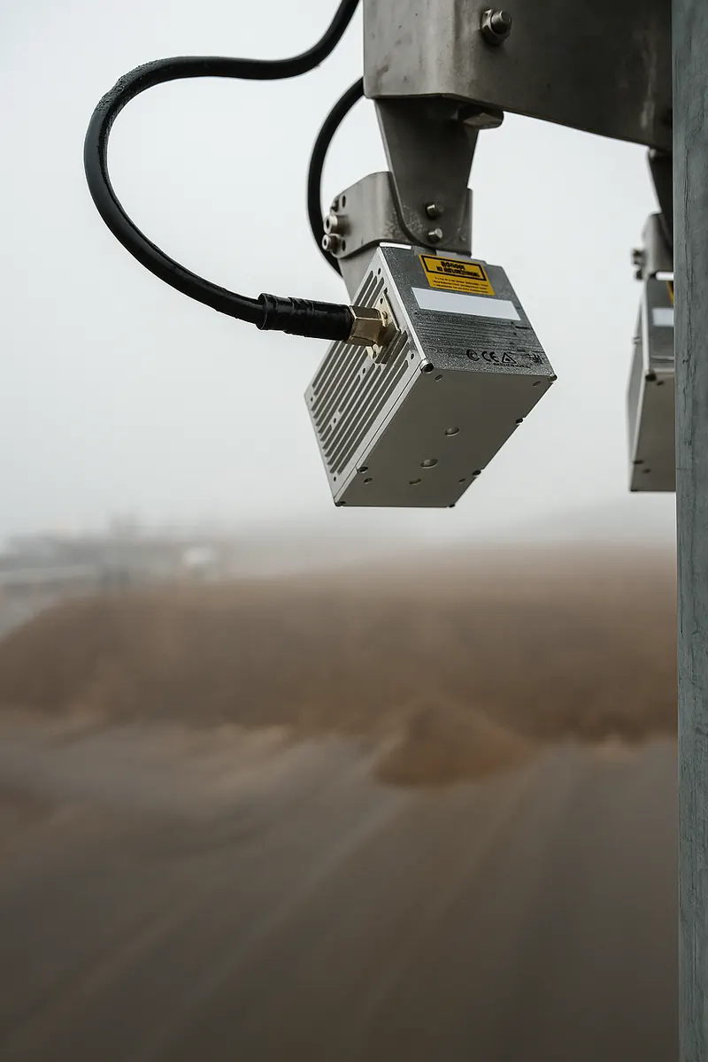 OWL EYE® single Livox sensor mounted overhead with a sugar-beet pad and storage hall in the soft-focus background